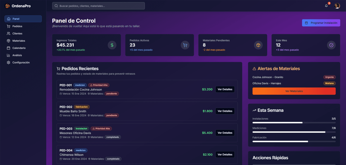 Captura de pantalla del proyecto Zabotec - Ordenapro - Plataforma para gestionar ordenes y clientes. Analyticas y comprobantes virtuales.